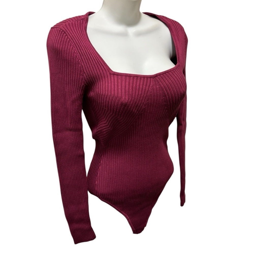 Abercrombie & Fitch Fuchsia Rib Knit Sweater Bodysuit Sz M LS Clean Girl Casual